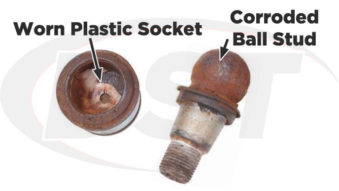 ball joint with corodded stud and worn bearing